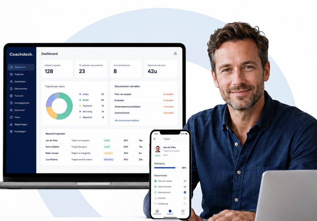 Coachdeck-dashboard met kandidaten, trajecten en uren, getoond op laptop en telefoon